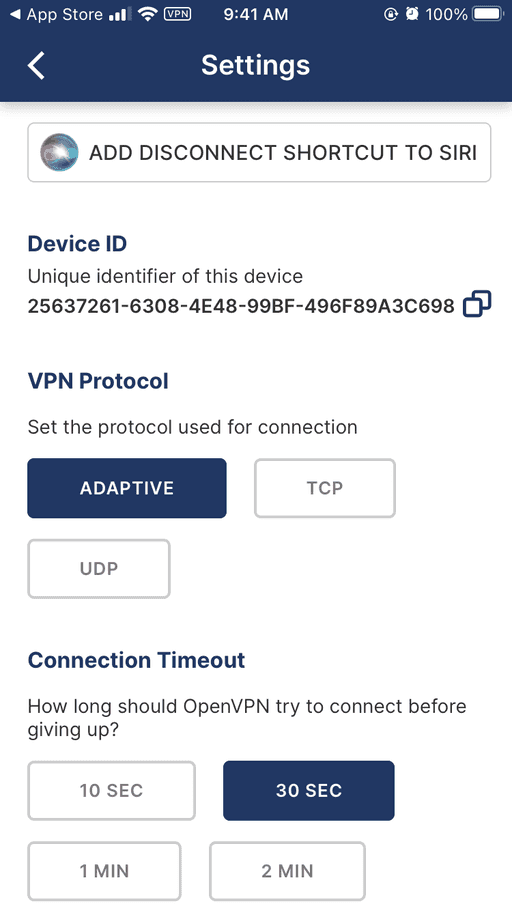 OpenVPN connect settings iOS