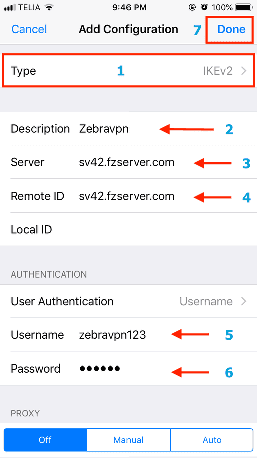Screenshot of configuring VPN settings on an iOS device