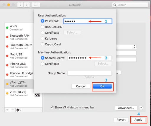 l2tp macos screens Entering password Authentication Setting