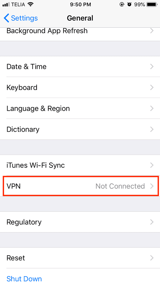 Screenshot of selecting VPN in the Settings app on an iOS device