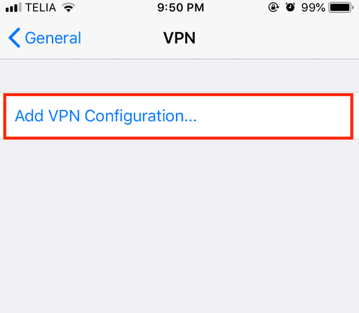 Screenshot of selecting Add VPN Configuration in the VPN settings on an iOS device