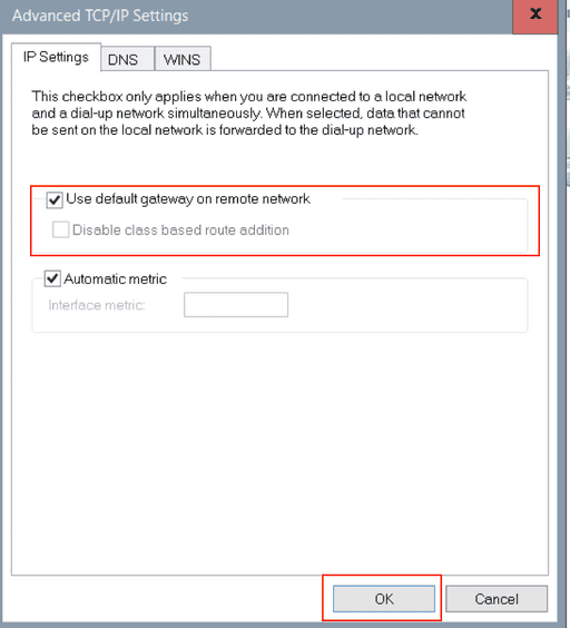 remove Use default gateway on remote network