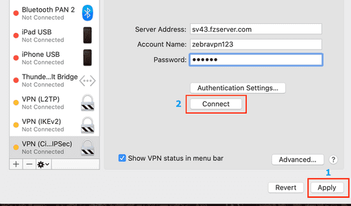 cisco ipsec macOs click connect to connecting to server.