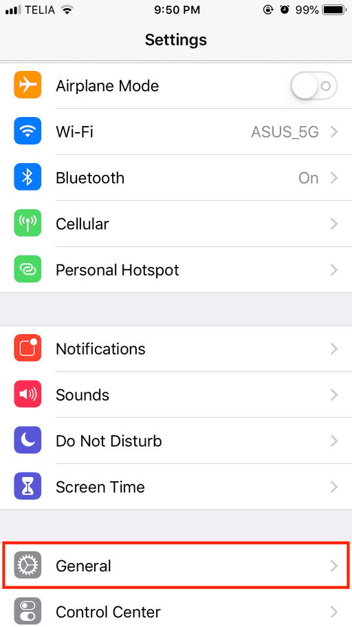 Screenshot of selecting General settings in the Settings app on an iOS device