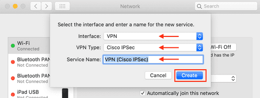 cisco ipsec macOs dropdown menu selecting interface and new vpn connection
